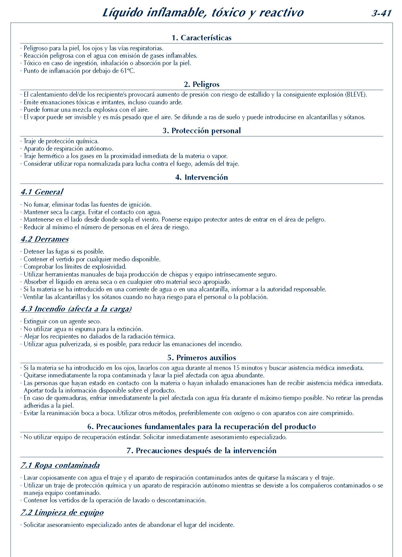 186 FICHA 3-41 LIQUIDO INFLAMABLE TOXICO REACTIVO FICHAS EMERGENCIA